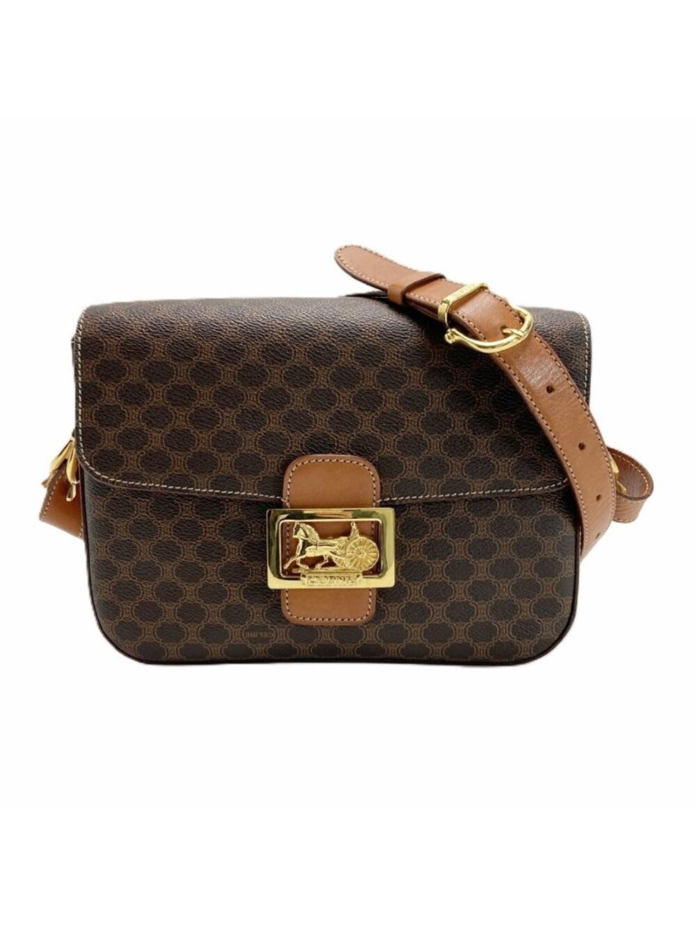 Celine Macadam Harness Shoulder Bag Brown Horse Carriage Leather